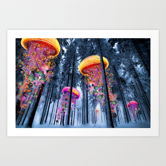 Winter Forest of Electric Jellyfish Worlds Art Print