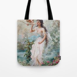 Hans Zatzka - Allegorical painting of two cherubs and a maiden in a classical landscape. Tote Bag