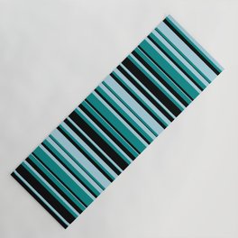 [ Thumbnail: Light Blue, Dark Cyan & Black Colored Striped Pattern Yoga Mat ]
