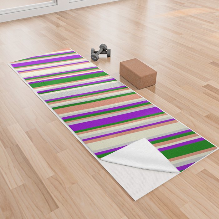 Vibrant Dark Violet, Green, Dark Salmon, Beige, and Light Gray Colored Stripes/Lines Pattern Yoga Towel