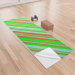 [ Thumbnail: Chocolate, Lime & Light Blue Colored Lined/Striped Pattern Yoga Towel ]
