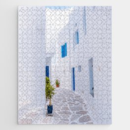 Alleyway in Greece | White Blue Bright Photograph in the Streets of the Greek Island Jigsaw Puzzle