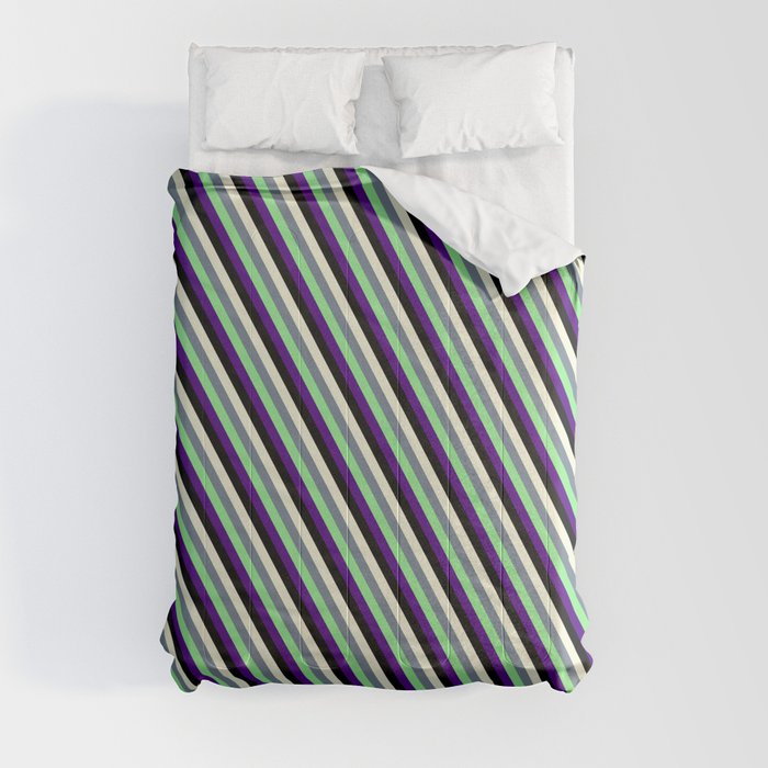 Eyecatching Beige, Slate Gray, Light Green, Indigo, and Black Colored Lined Pattern Comforter