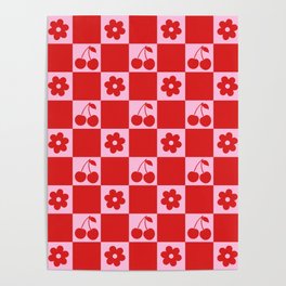 Cherry Flowers Pink & Red Checker Poster