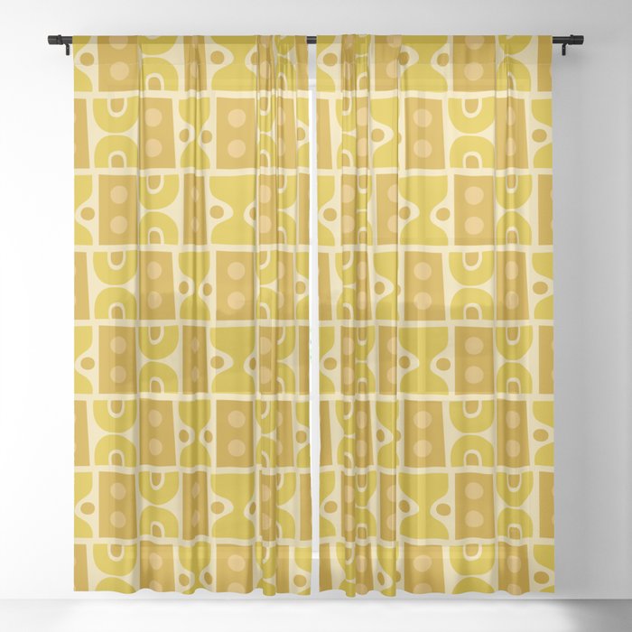 Mid Century Abstract Pattern Yellow Ochre Sheer Curtain