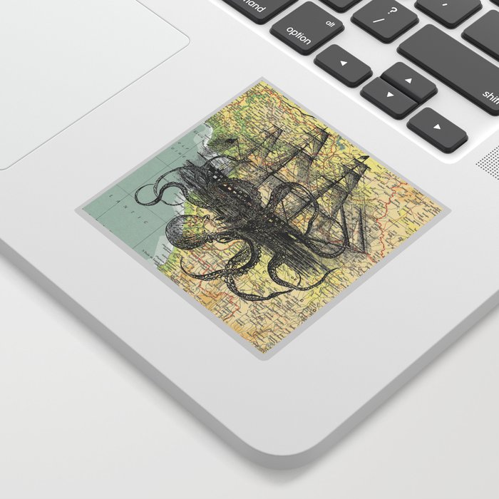 Octopus Attacks Ship on map background Sticker