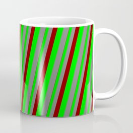 [ Thumbnail: Dark Red, Lime, and Gray Colored Stripes Pattern Coffee Mug ]