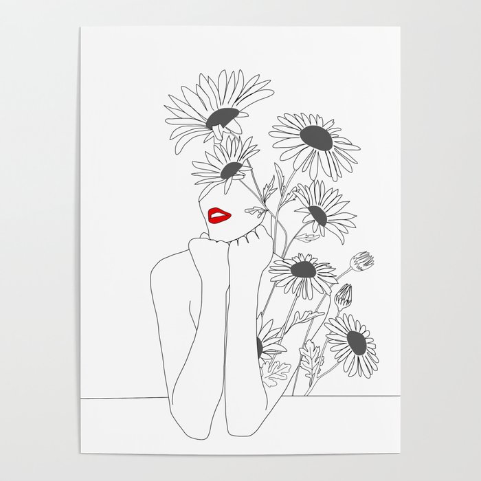 Minimal Line Art Girl with Sunflowers Poster