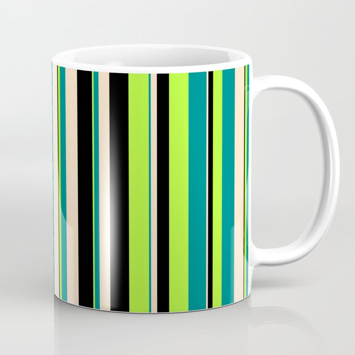 Light Green, Teal, Bisque & Black Colored Lined/Striped Pattern Coffee Mug
