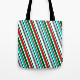 [ Thumbnail: Sky Blue, Red, Dark Turquoise, White, and Dark Green Colored Striped Pattern Tote Bag ]