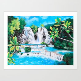 Waterfall Blue Lagoon Painting Art Print