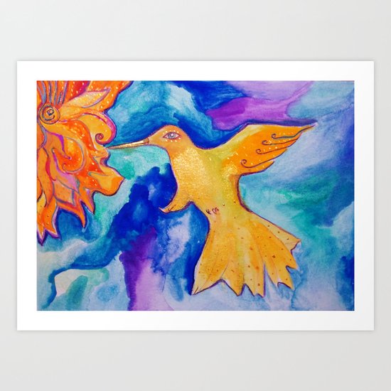 Watercolor Sun Bird Modern Fine Art Painting by Garden Of Delights Art Print