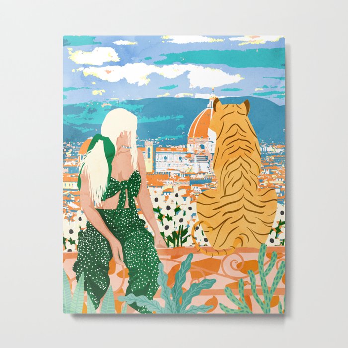 The Italian View, Woman Tiger Travel, Europe Architecture Illustration, Animals Bohemian Metal Print