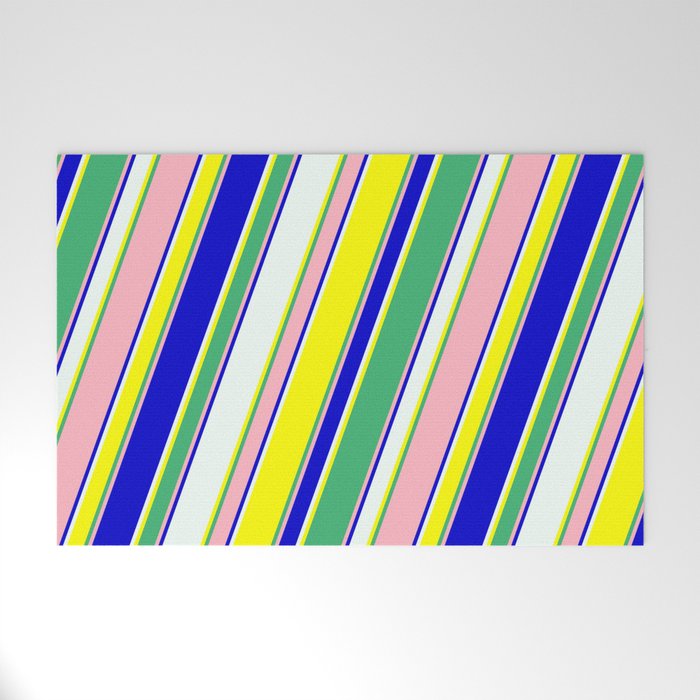 Eyecatching Mint Cream, Yellow, Sea Green, Light Pink & Blue Colored Lines/Stripes Pattern Welcome Mat