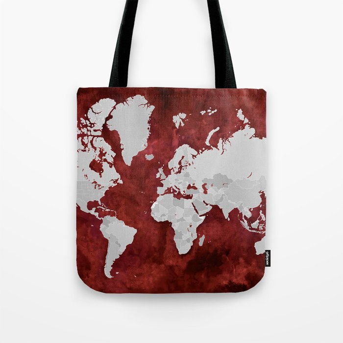 Red watercolor and grey world map with outlined countries Tote Bag