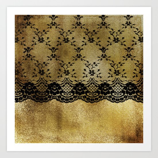 Black floral elegant lace on gold metal background- #Society6 Art Print