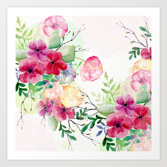 Vintage Flowers Watercolor Floral Painting Art Print By Cadinera