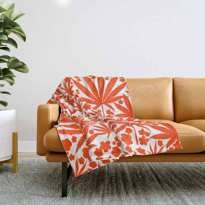 Modern Botanical Cannabis And Flowers Bold Red Throw Blanket