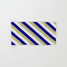 [ Thumbnail: Blue, Dark Khaki & Lavender Colored Lined/Striped Pattern Hand & Bath Towel ]