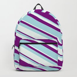 [ Thumbnail: Purple, Powder Blue, and Mint Cream Colored Lined/Striped Pattern Backpack ]