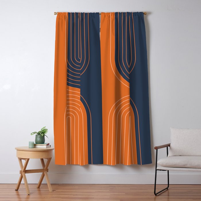 Geometric Lines in Navy Blue and vintage Orange 2 Rainbow and Arch Abstract Blackout Curtain