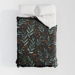 Festive watercolor branches - black, teal and orange Duvet Cover