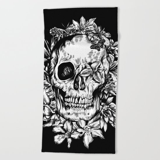 floral skull drawing black and white 2 Beach Towel