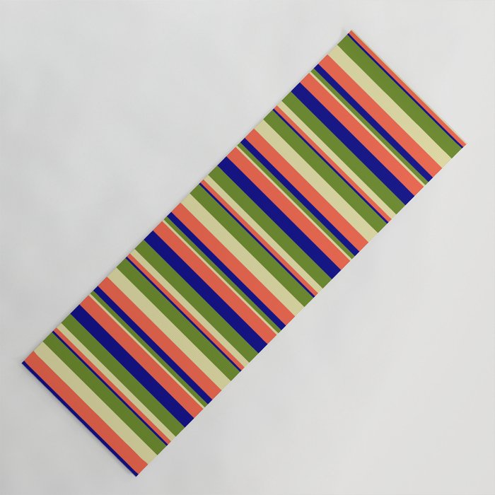 Pale Goldenrod, Green, Dark Blue & Red Colored Stripes/Lines Pattern Yoga Mat