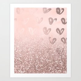 Rose Gold Sparkles on Pretty Blush Pink with Hearts Art Print