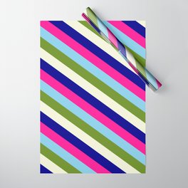 [ Thumbnail: Vibrant Sky Blue, Green, Beige, Dark Blue & Deep Pink Colored Striped/Lined Pattern Wrapping Paper ]