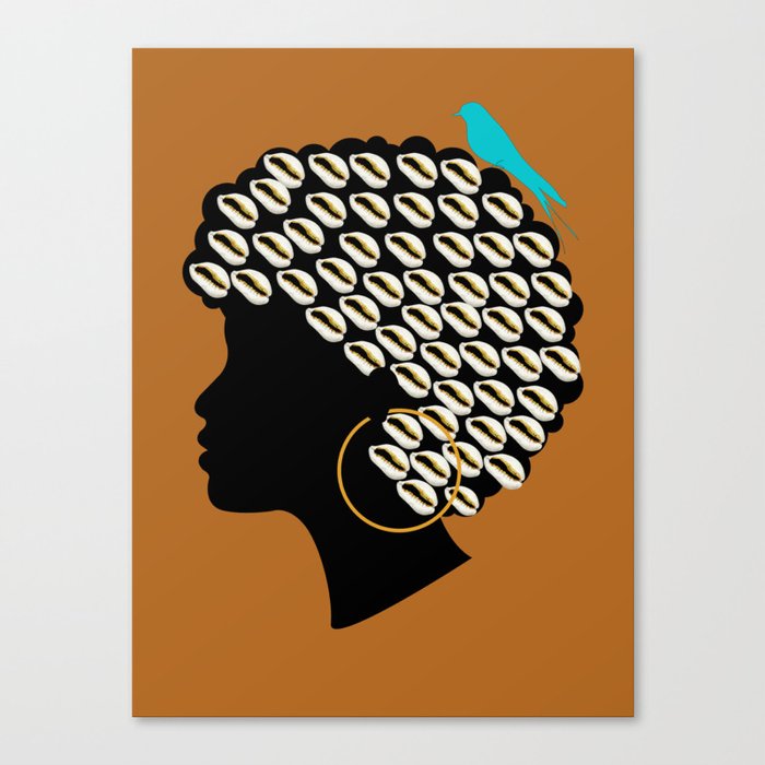 Cowrie Afro with Blue Bird Canvas Print
