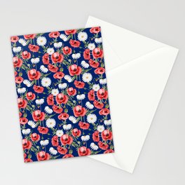 Daisy and Poppy Seamless Pattern on Blue Background Stationery Card