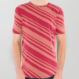 [ Thumbnail: Salmon & Crimson Colored Striped/Lined Pattern All Over Graphic Tee ]