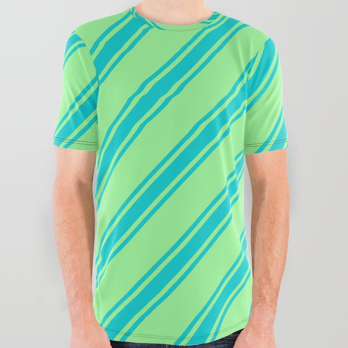 Green & Dark Turquoise Colored Lines/Stripes Pattern All Over Graphic Tee