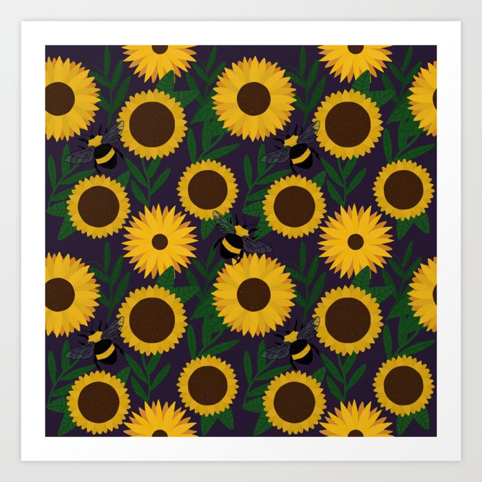 Sunflower Bee Pattern Art Print