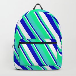 [ Thumbnail: Blue, White, Green, and Turquoise Colored Striped/Lined Pattern Backpack ]