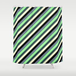 [ Thumbnail: Colorful Slate Gray, Green, Dark Slate Gray, Light Yellow & Black Colored Striped/Lined Pattern Shower Curtain ]