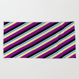 [ Thumbnail: Vibrant Blue, Tan, Purple, Black, and White Colored Pattern of Stripes Beach Towel ]