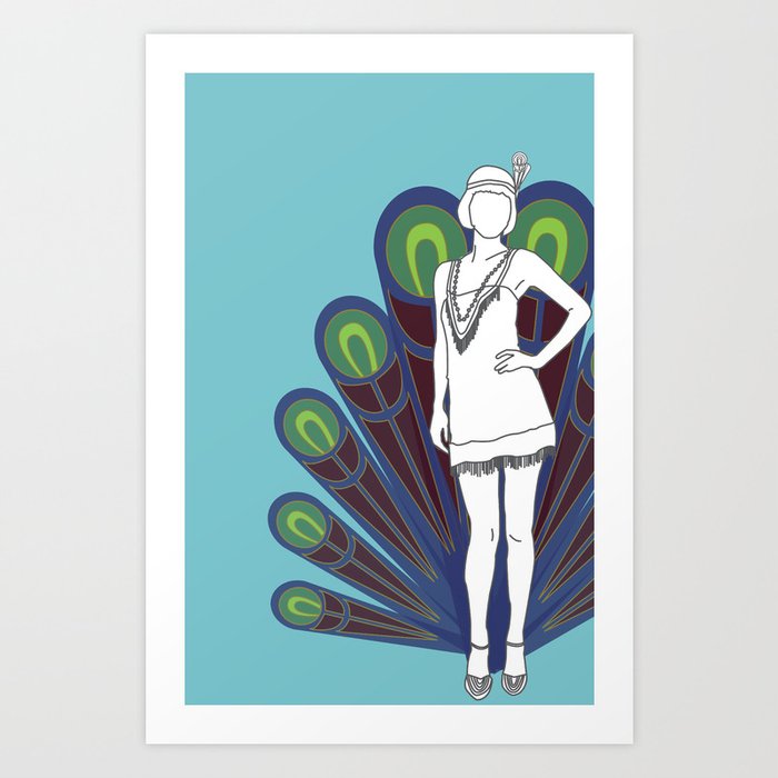 "Flap Happy" 20s style flapper with peacock feathers Art Print