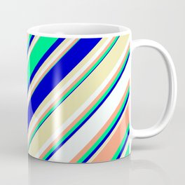 [ Thumbnail: Eyecatching Light Salmon, Green, Blue, Pale Goldenrod, and Mint Cream Colored Lines Pattern Coffee Mug ]