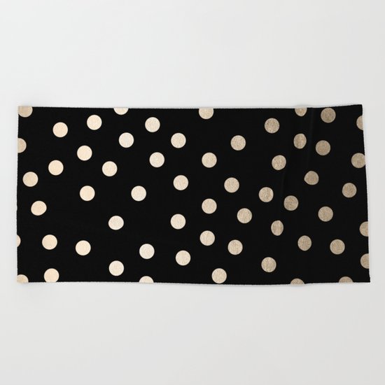 Simply Dots White Gold Sands on Midnight Black Beach Towel