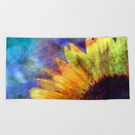 Sunflower Flower Floral on colorful watercolor texture Beach Towel