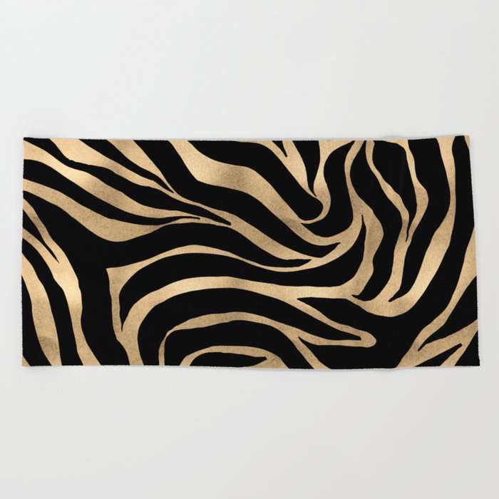 Elegant Metallic Gold Zebra Black Animal Print Beach Towel