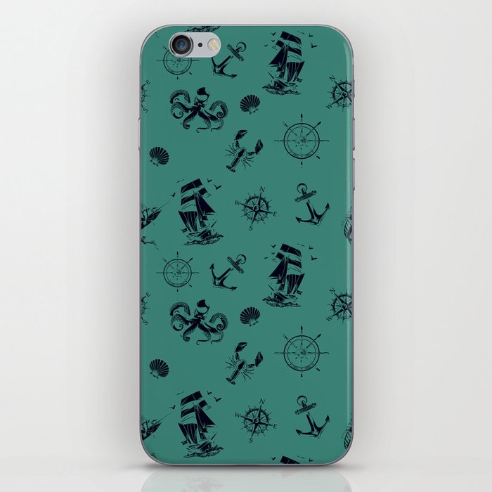 Green Blue And Blue Silhouettes Of Vintage Nautical Pattern iPhone Skin