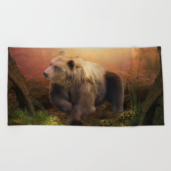 Awesome bear in the night Beach Towel