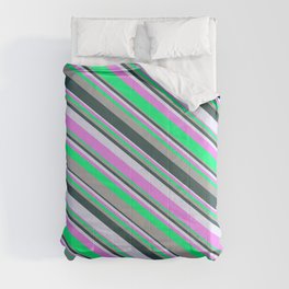 [ Thumbnail: Eyecatching Dark Gray, Dark Slate Gray, Lavender, Violet, and Green Colored Striped Pattern Comforter ]