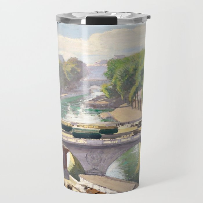 River Seine, Paris, France, Pont Saint Michel impressionist oil, riverscape painting by Jules Leon Flandrin Travel Mug