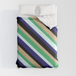 [ Thumbnail: Eye-catching Tan, Sea Green, Light Cyan, Midnight Blue, and Black Colored Lined/Striped Pattern Comforter ]