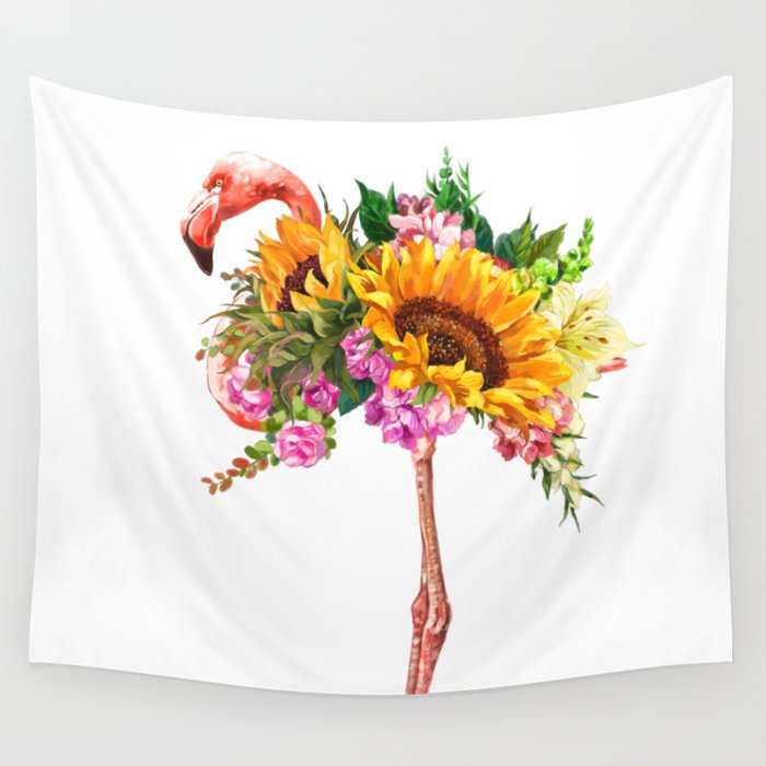 Flamingo with Sunflowers Crown Wall Tapestry
