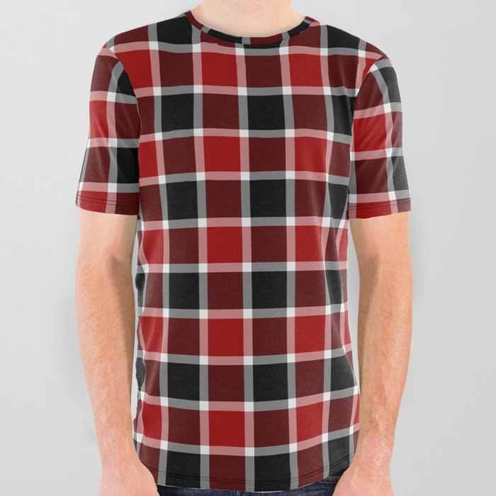 Modern Maroon And Black Tartan Plaid Gingham Pattern All Over Graphic Tee